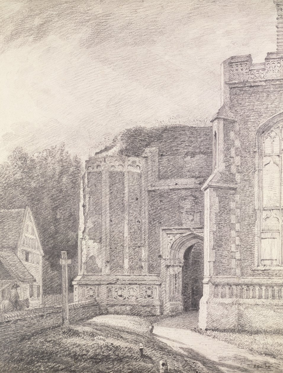 Jižní oblouk zřícené věže kostela East Bergholt (kresba tužkou) od John Constable