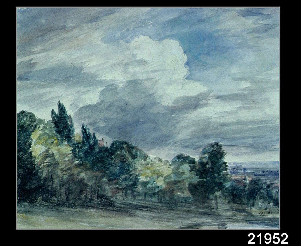 Pohled do široké krajiny se stromy v popředí, září 1832 (akvarel na papíře) od John Constable