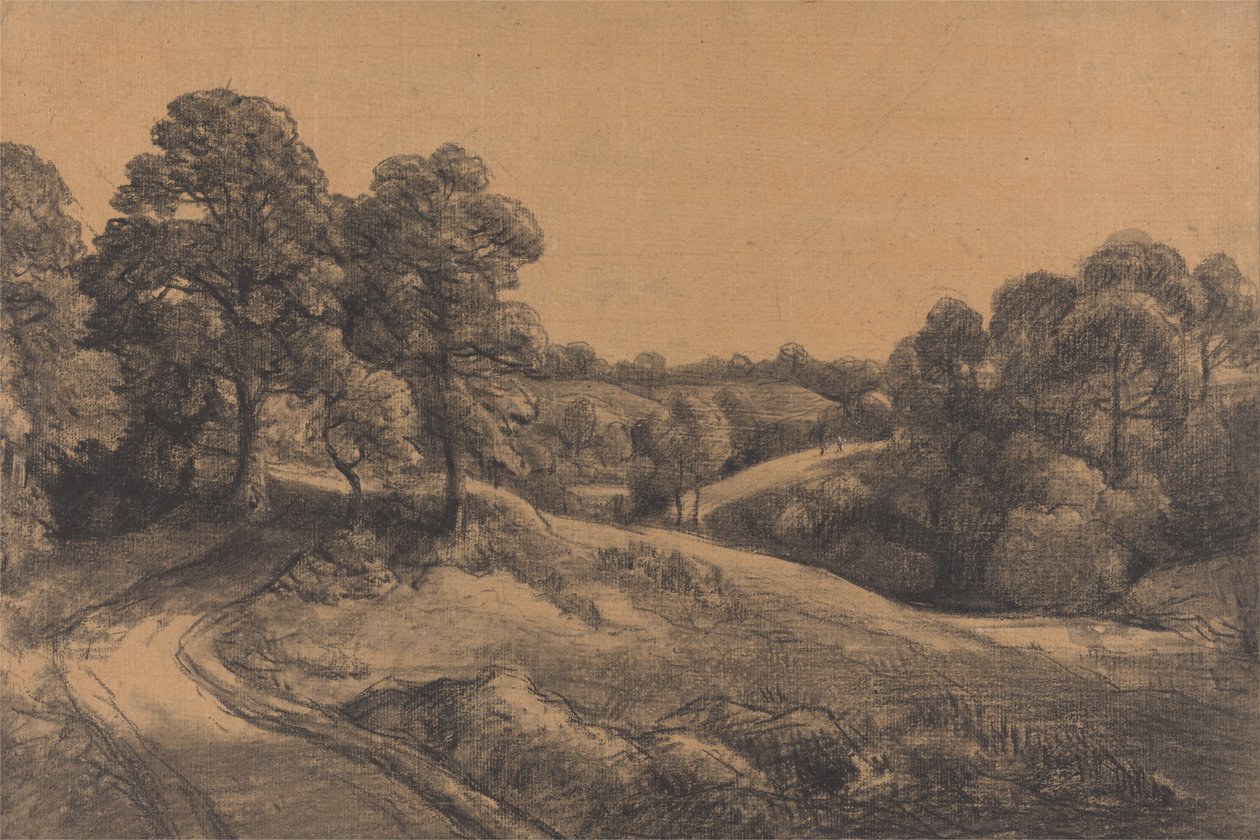 Zalesněný svah s klesající cestou od John Constable