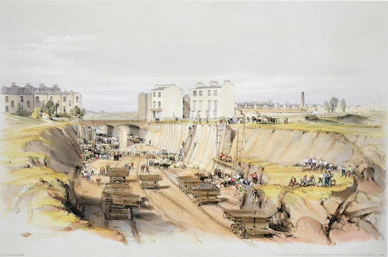 Stavba opěrné zdi poblíž Park Street, Camden Town, 17. září 1836, vyryto umělcem, 1838 od John Cooke Bourne