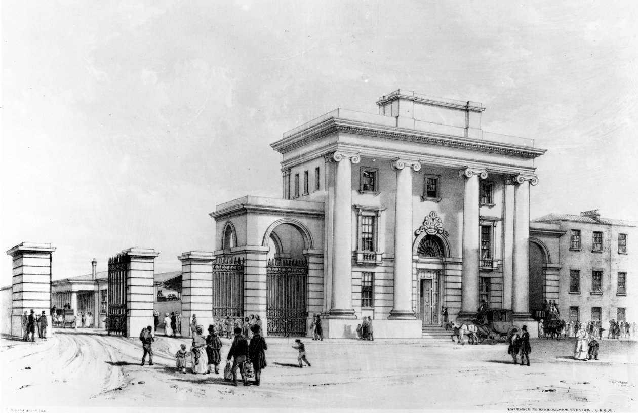 Vchod do Birminghamského nádraží, 1838 (pero, inkoust a mytí na papíře) od John Cooke Bourne
