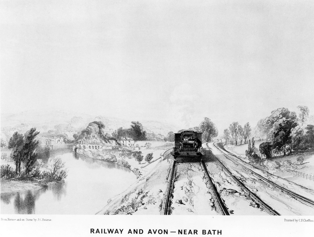 Railway and Avon, near Bath, tiskl C. F. Cheffins, 1843 od John Cooke Bourne