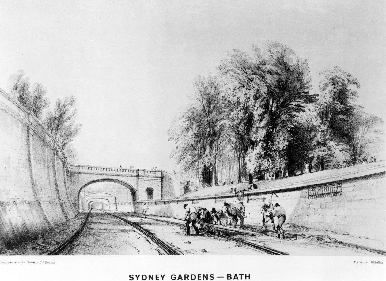 Sydney Gardens, Bath, vytiskl C. F. Cheffins, 1843 od John Cooke Bourne