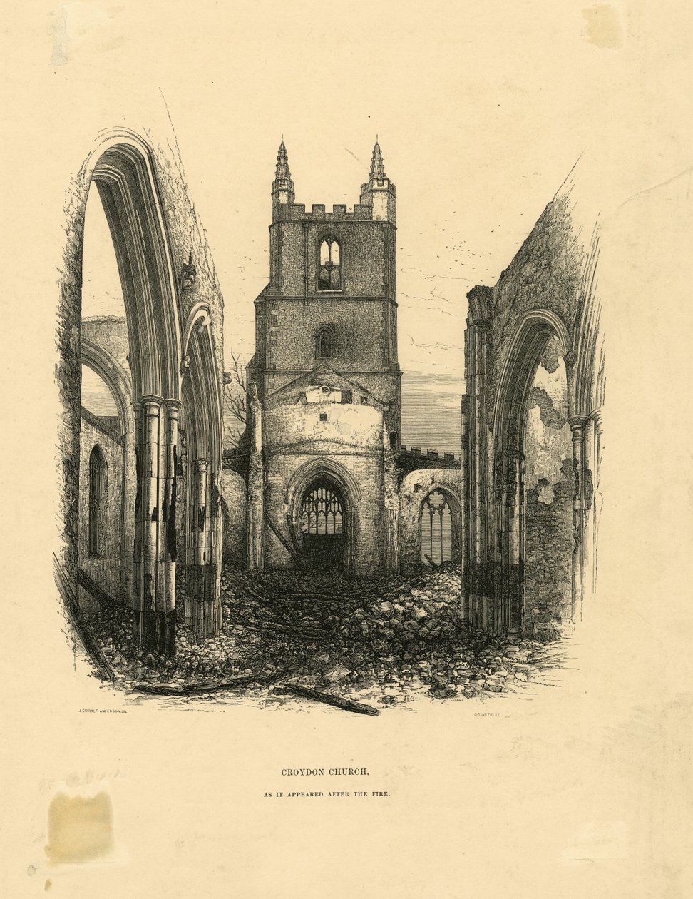 Croydon Church, jak to vypadalo po požáru dřevoryt od John Corbet Anderson
