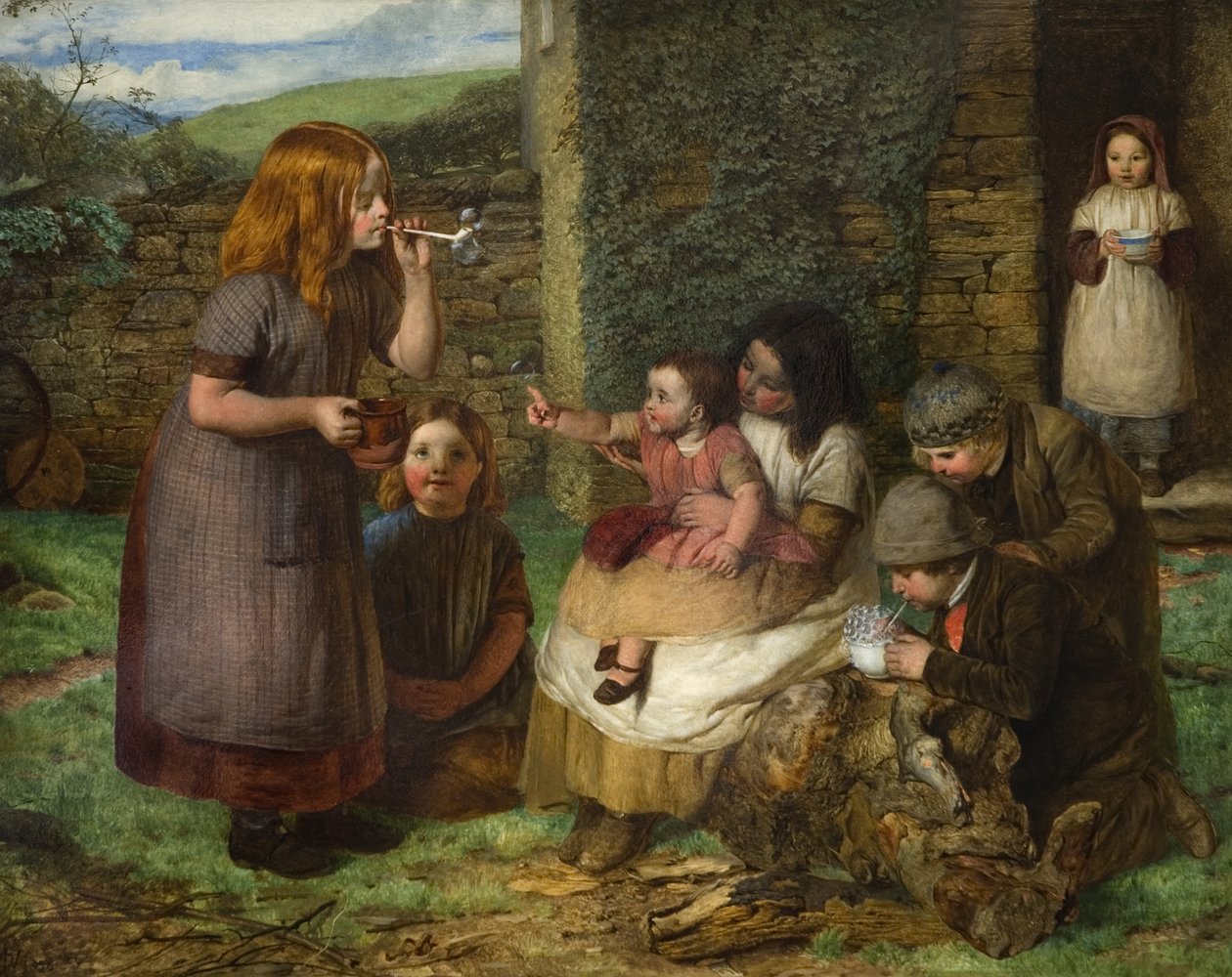 Bubliny: Chatová scéna s dětmi při hře, 1856 od John Dawson Watson