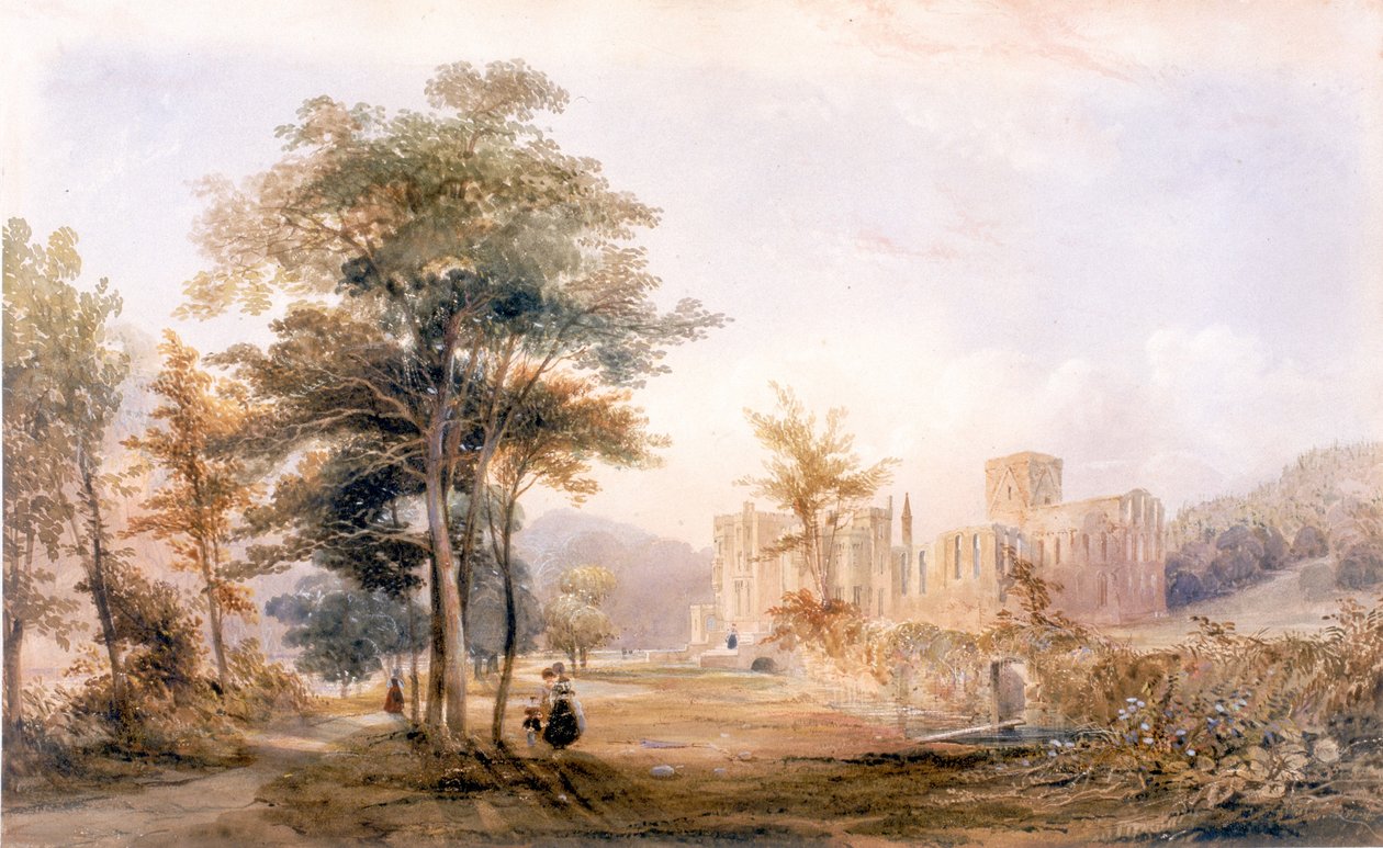 Brinkburn Grange, Northumberland a Ruins of Priory (bc, inkoust, tužka a wc na papíře, nalepeno na kartě) od John Dobson