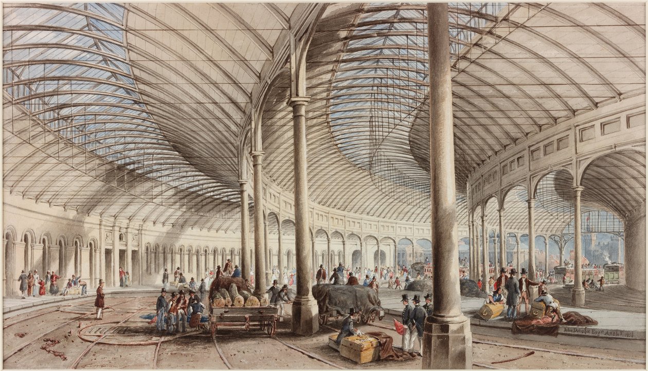 Interiér hlavního nádraží, Newcastle upon Tyne (čb, tužka a čb na papíře) od John Dobson