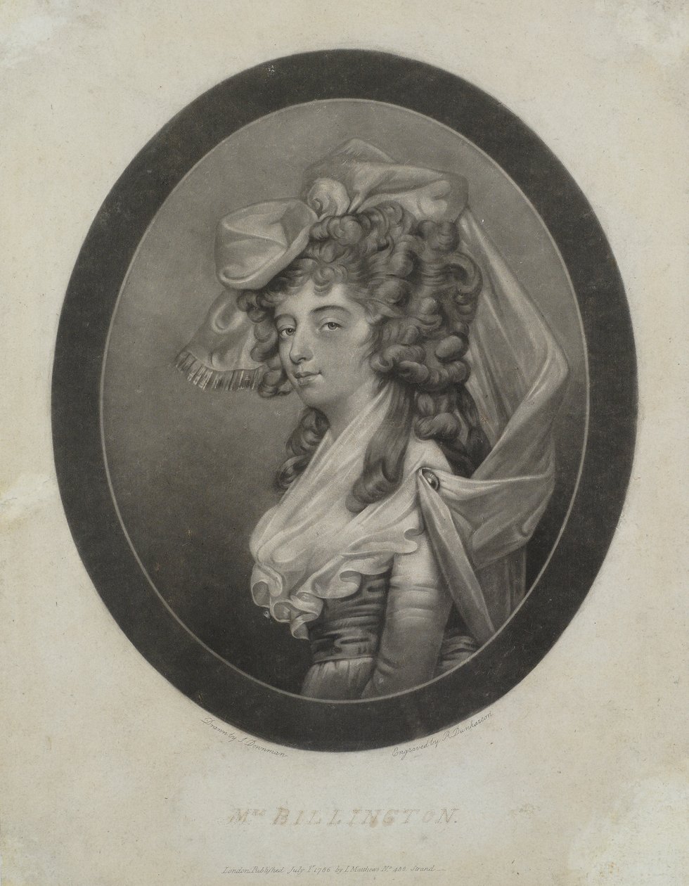 Paní Billingtonová, vyryl Robert Dunkarton (1744-c.1811), 1786 (mezzotinta) od John Downman