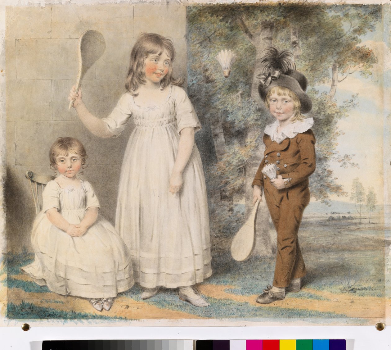 Děti Fredericka a Ellen Rayových z Abingdonu, Berkshire, v krajině, 1795 (wc s tužkou na papíře) od John Downman