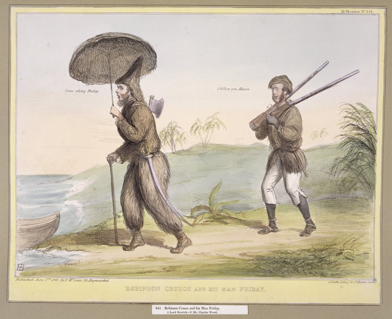Robinson Crusoe a jeho muž pátek, (HB Sketches No. 641) publikováno 3. června 1840 od John Doyle