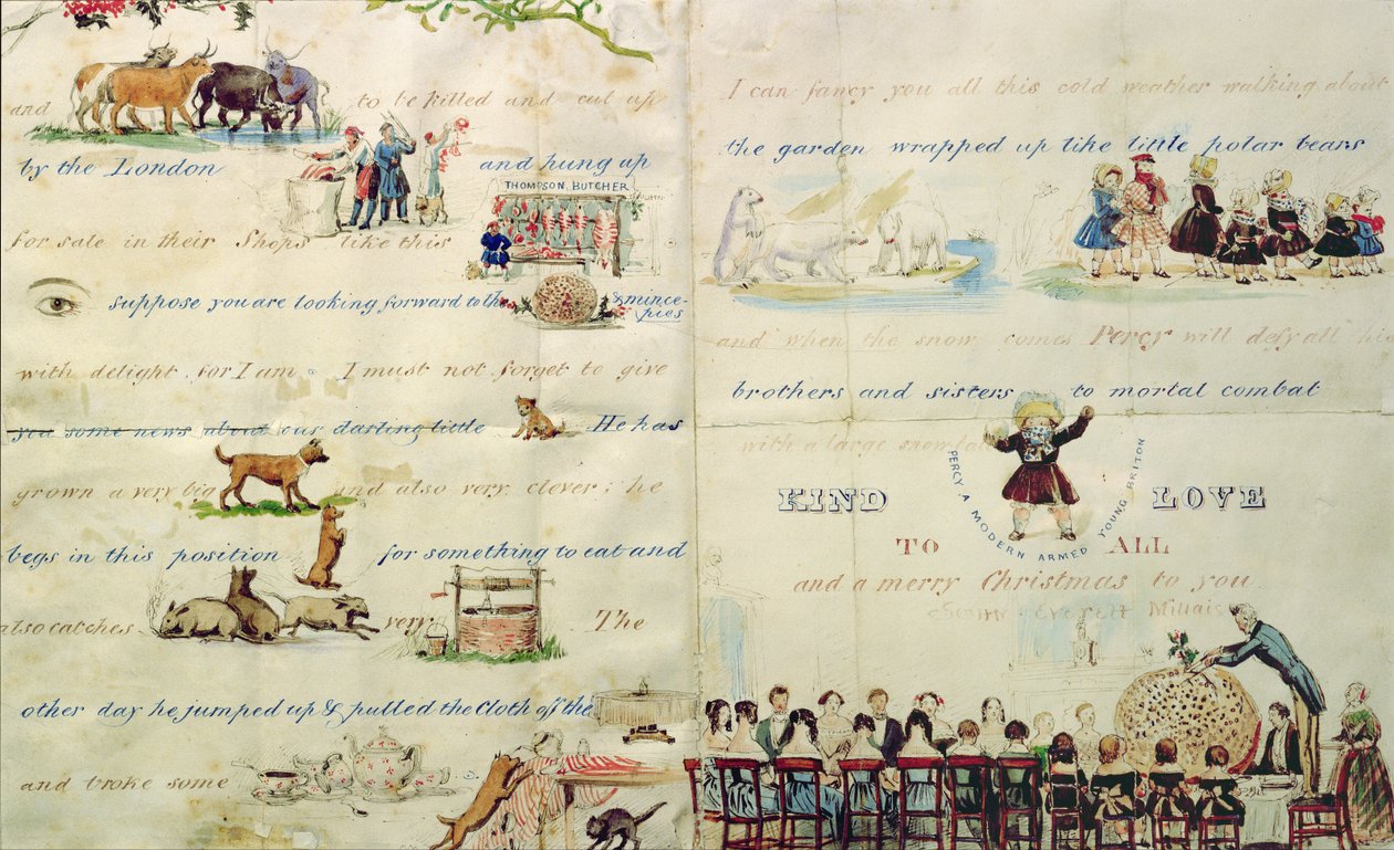 Vánoční dopis psaný piktogramy (perem a inkoustem na papíře) (začátek dopisu viz 199384) od John Everett Millais