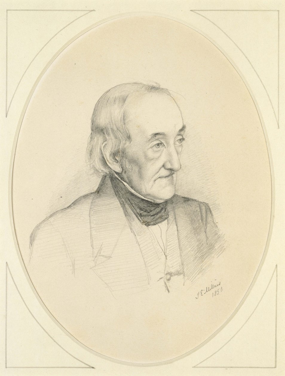 Portrét Williama Bennetta, 1850 (tužka na špinavě bílém papíře) od John Everett Millais