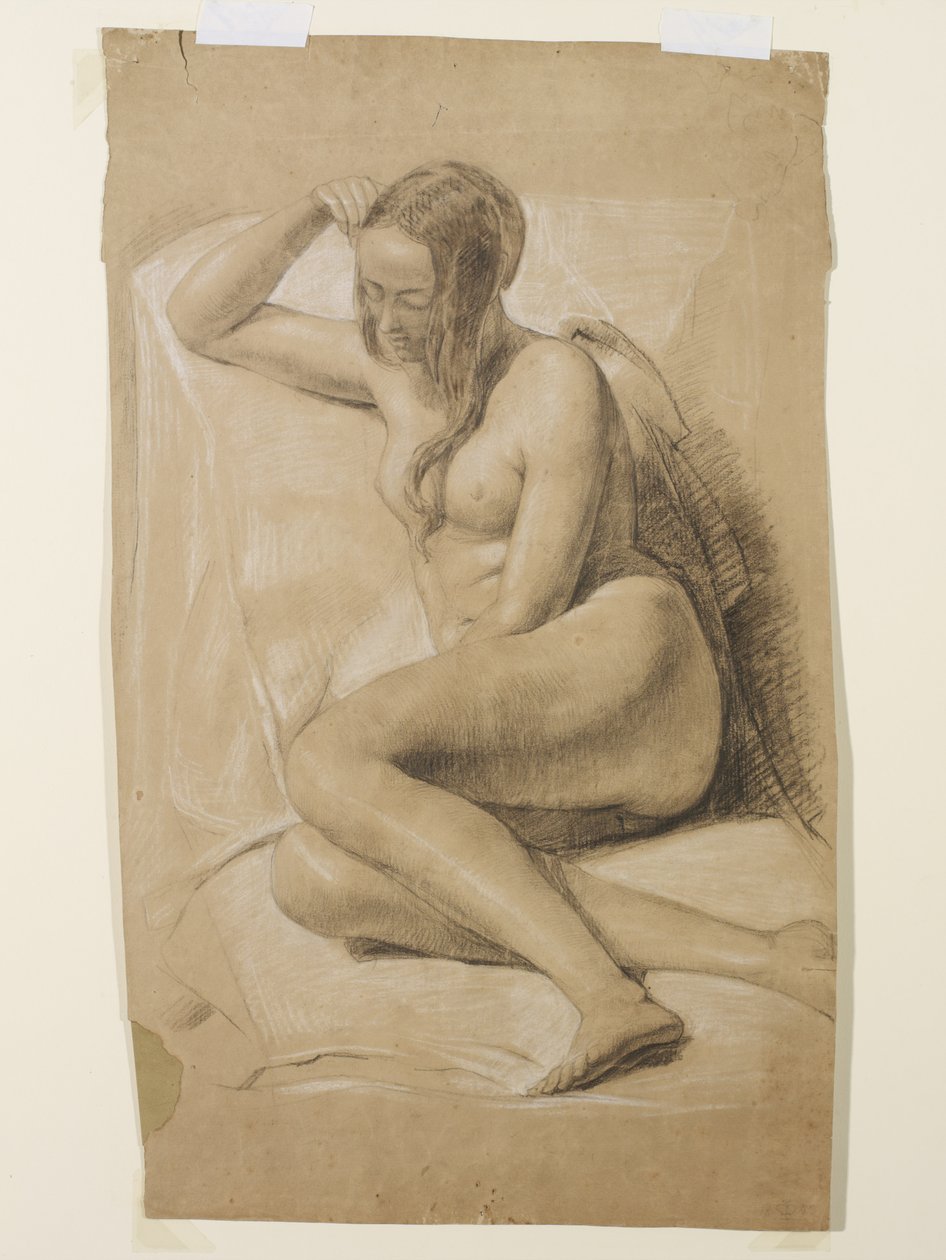 Sedící ženský akt, 1847 (černá a bílá křída na hnědém papíře) od John Everett Millais