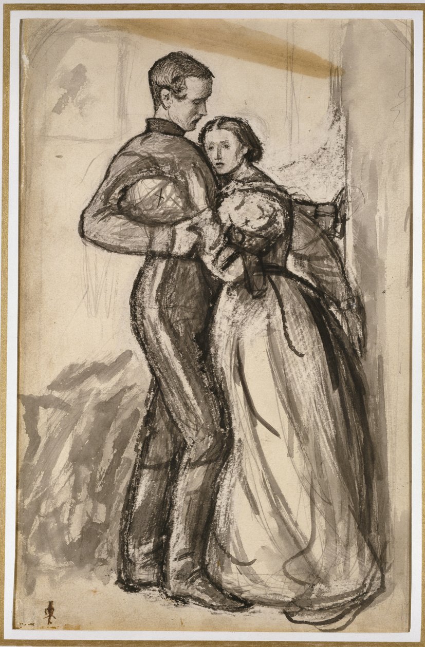Studie k filmu „The Black Brunswicker“, 1859 (černošedý akvarel přes grafit na světle krémovém papíře) od John Everett Millais