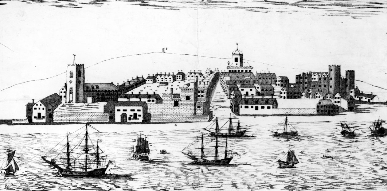 Západní prospekt města Liverpool, jak se zdál kolem roku 1680, litografie Johna R. Isaaca od John Eyes Jnr