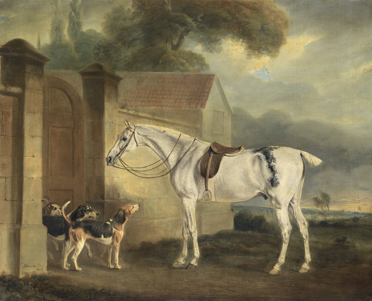 Lord Lonsdales Fleabitten Gray Hunter, Brass, v Cottesmore s Cottesmore Hounds od John Ferneley