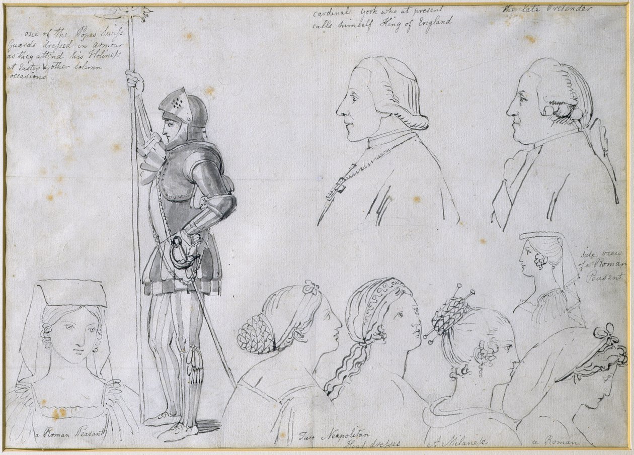 Náčrtky postav v Římě s portréty prince Charlese Edwarda Stuarta (1720-88) a jeho bratra kardinála Yorka (1725-1807) (pero a inkoust na papíře) od John Flaxman