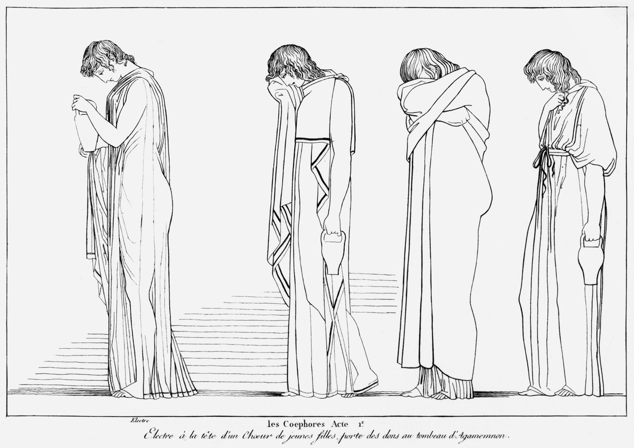 Elektra a chór nesoucí nádoby na úlitbu na Agamemnónově hrobě, ilustrace z Aischylova díla "Choefori" (asi 525-456 př. n. l.), asi 1830-40. od John Flaxman