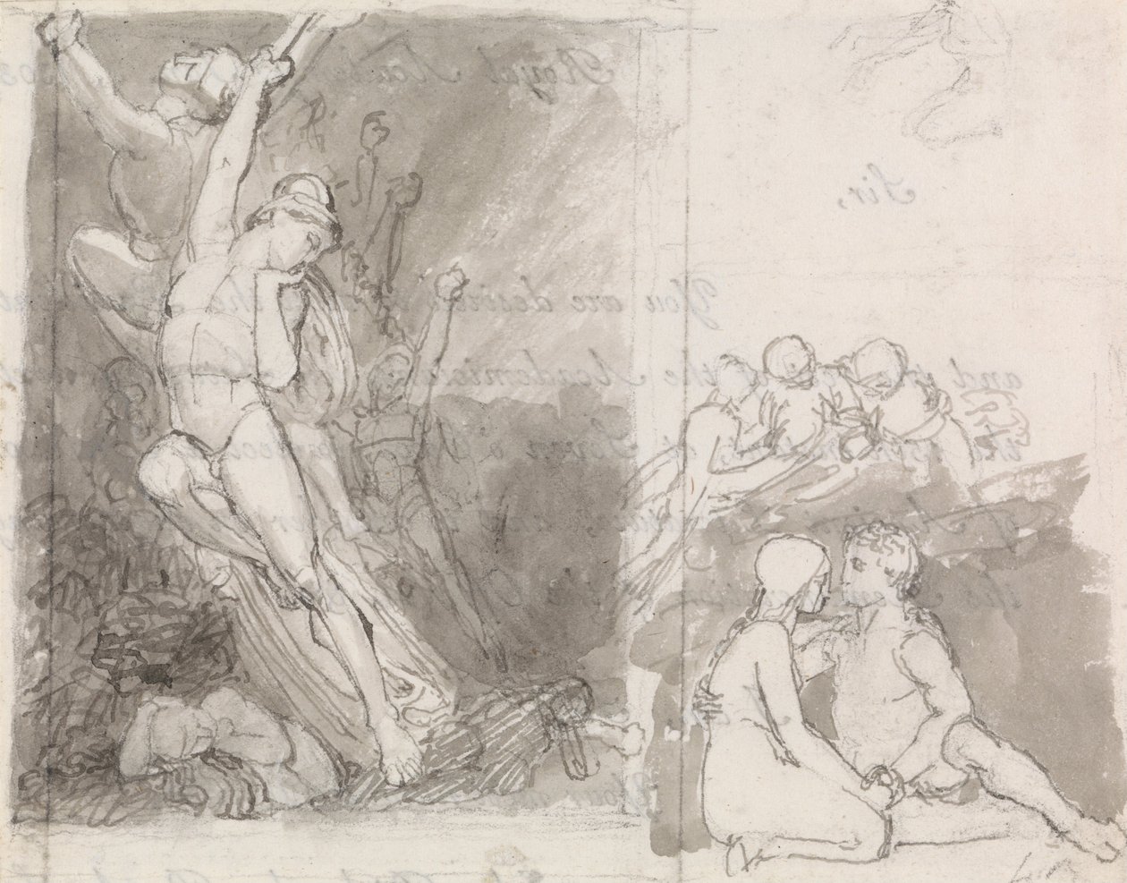 Ilustrace ztraceného Miltonova ráje- Adam a Eva hlídaní anděly od John Flaxman