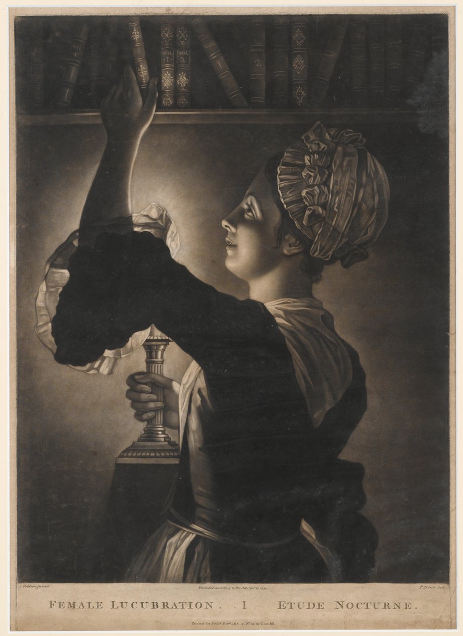 Female Lucubration, tisk vytvořil Philip Dawe, 1772 (mezzotinta) od John Foldson