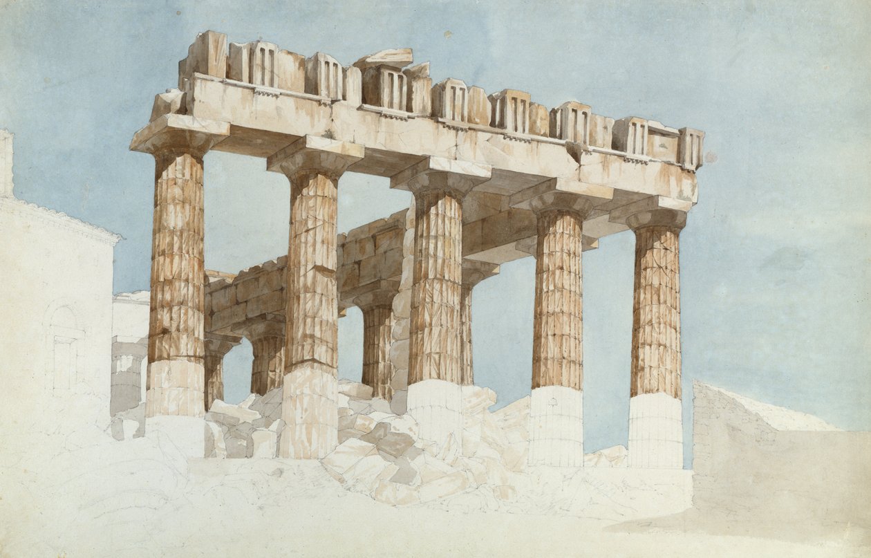 East End a jižní strana Parthenonu, kolem roku 1813 (wc a grafit na papíře) od John Foster
