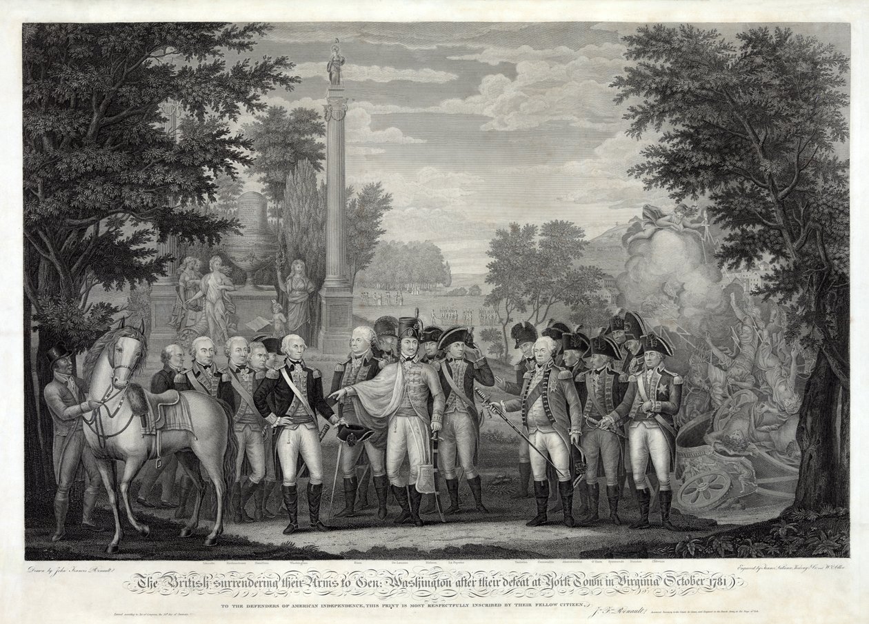 Britové odevzdávají zbraně generálu Washingtonovi po porážce u York Townu ve Virginii v říjnu 1781, pub. 1819 (čb rytina) od John Francis Renault