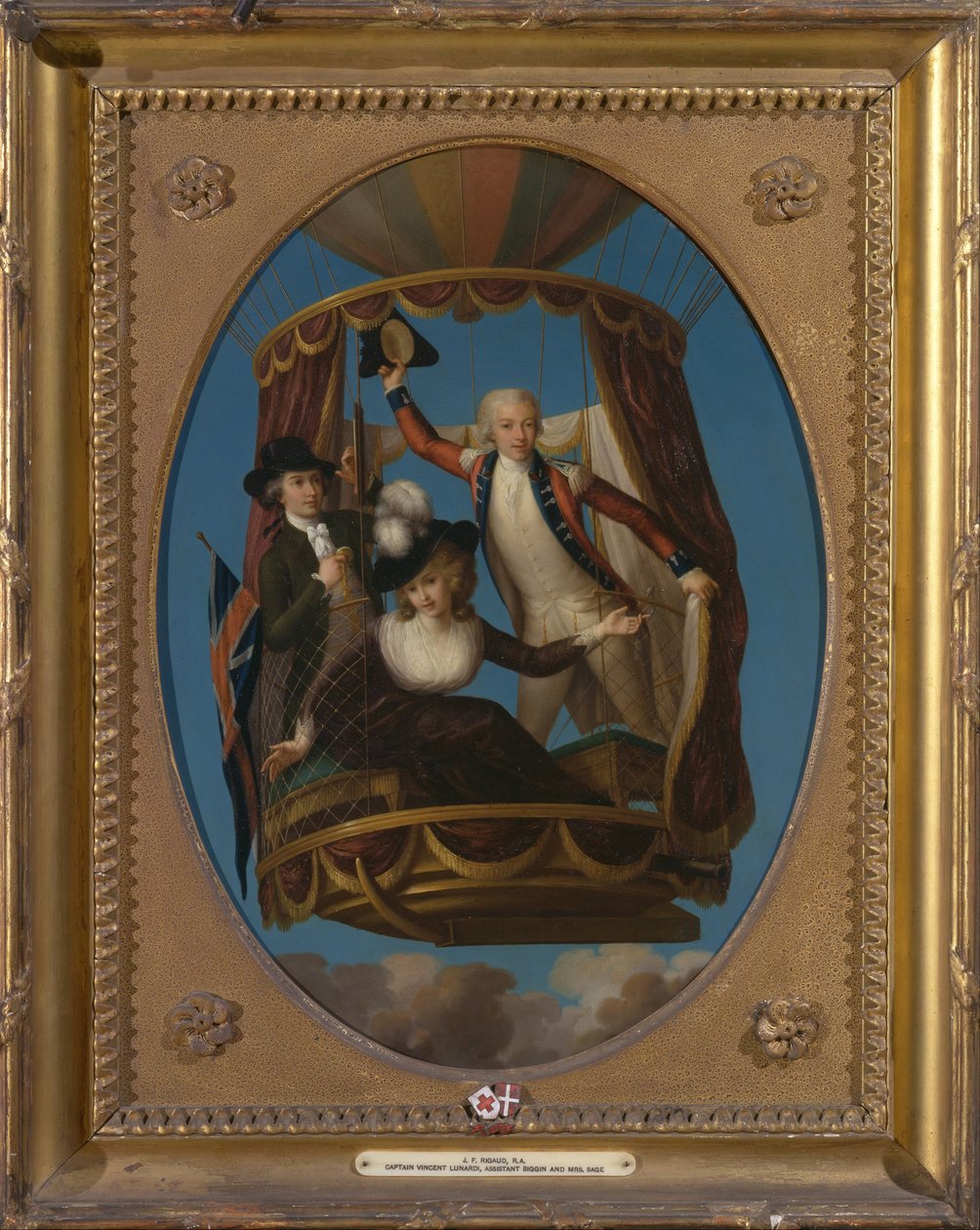 Kapitán Vincenzo Lunardi se svým asistentem Georgem Bigginem a paní Letitia Anne Sage v balónu od John Francis Rigaud