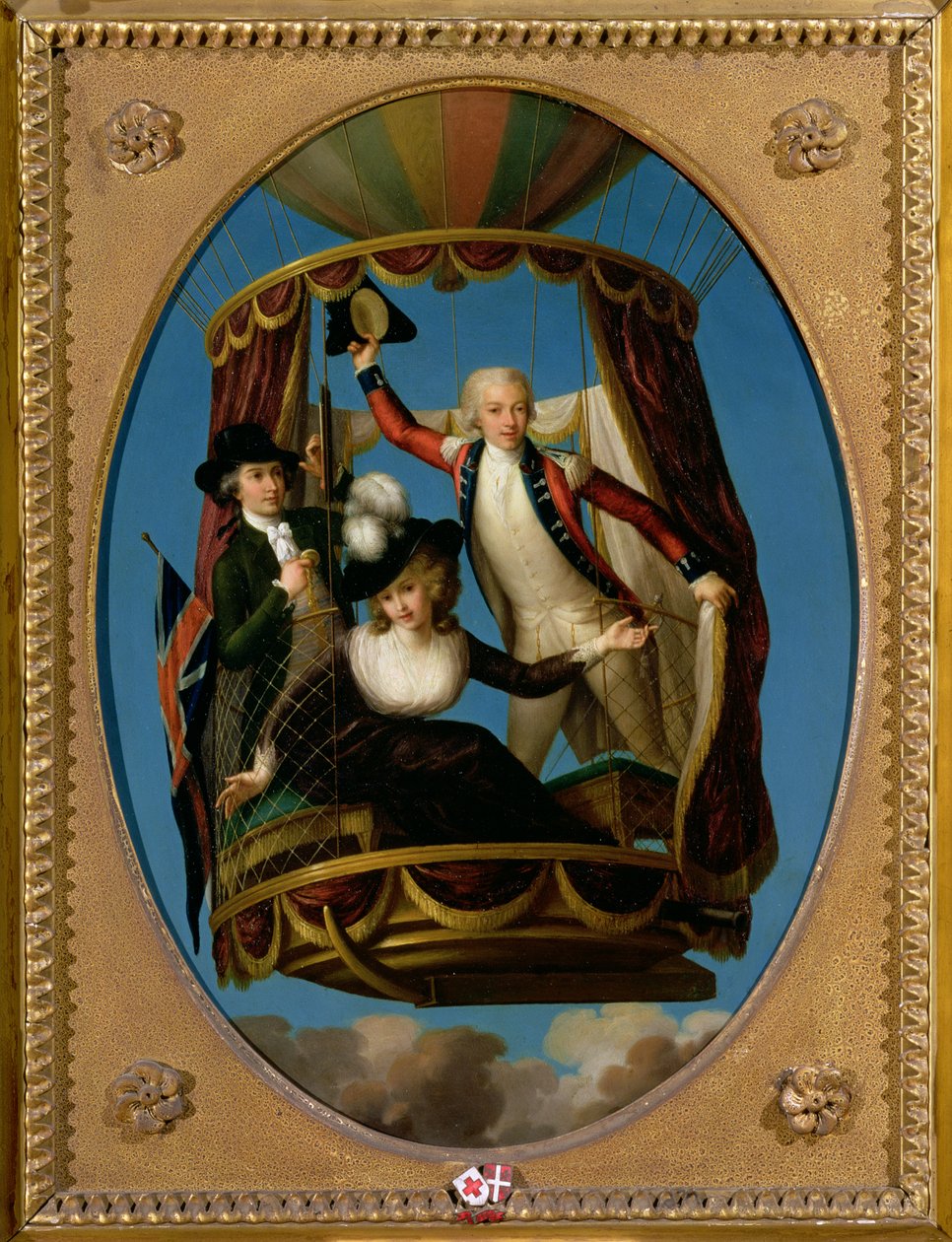 Kapitán Vincenzo Lunardi se svým asistentem Georgem Bigginem a paní Letitia Anne Sage v balónu, 1785 (olej na mědi) od John Francis Rigaud