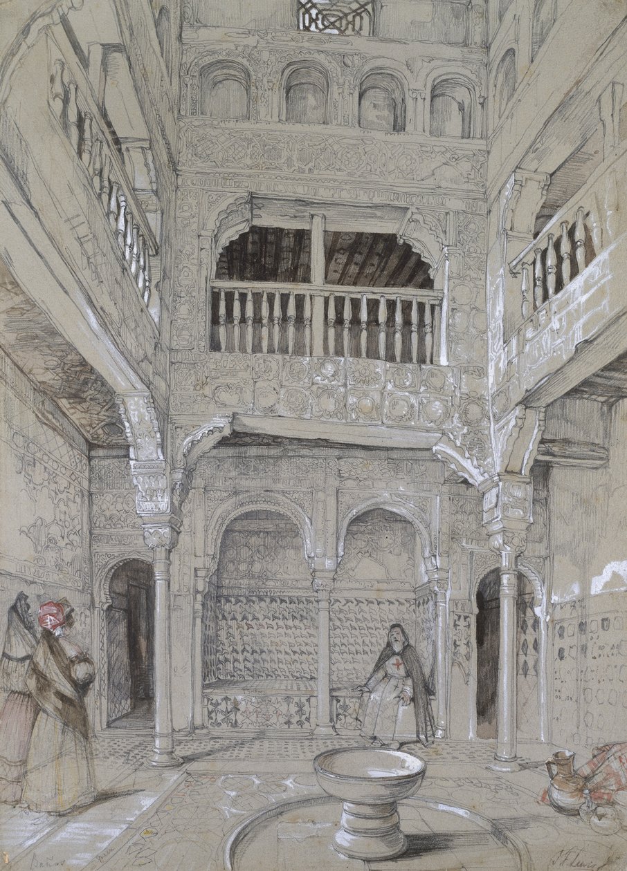 Vstup do lázní v Alhambře (grafit a bílá barva těla s krátkými doteky akvarelu na šedém papíře) od John Frederick Lewis