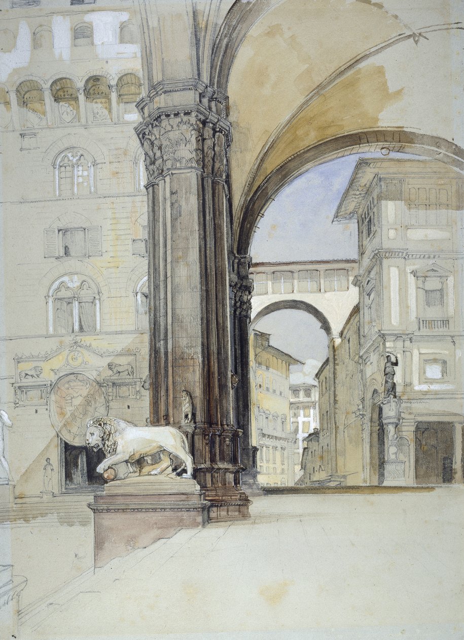 Florencie: (akvarel na černé křídě s perem a hnědou tuší na světle zeleném papíře) od John Frederick Lewis