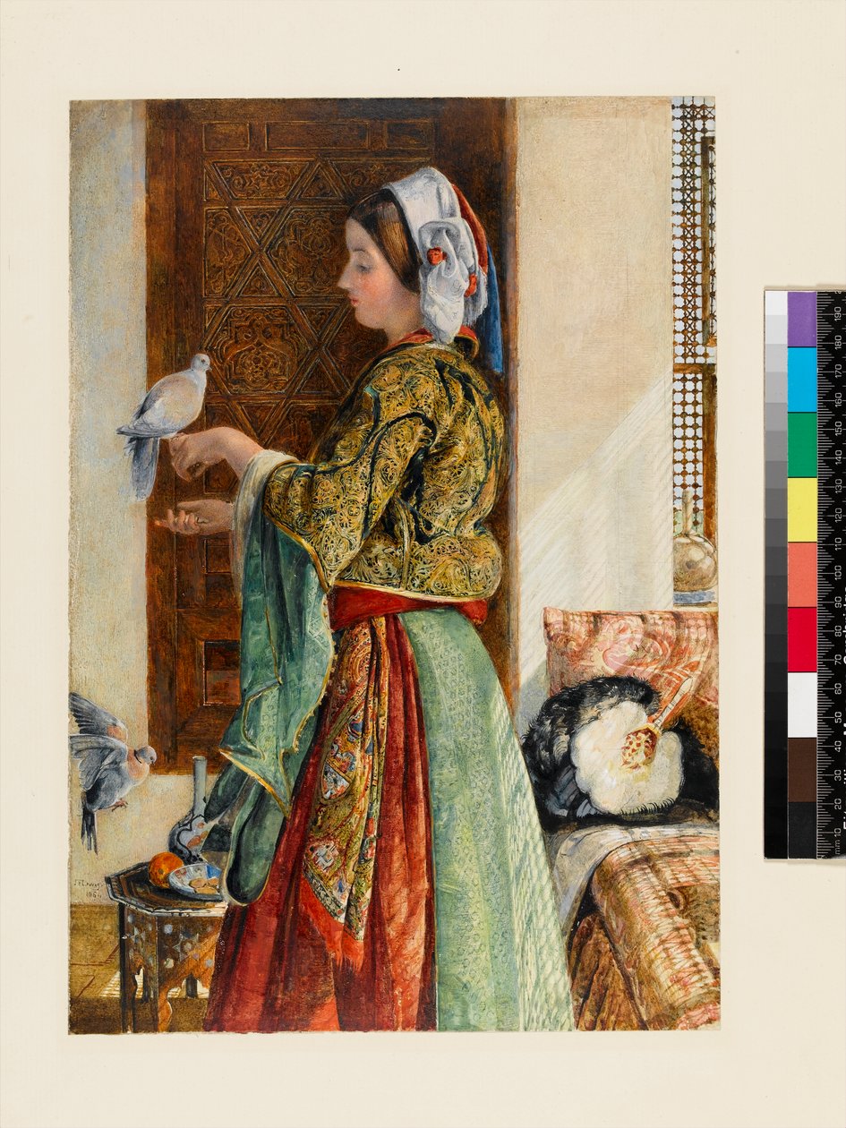 Dívka se dvěma holubicemi v kleci, Káhira, 1864 (wc a bodycolor přes tužku na tenké kartě) od John Frederick Lewis