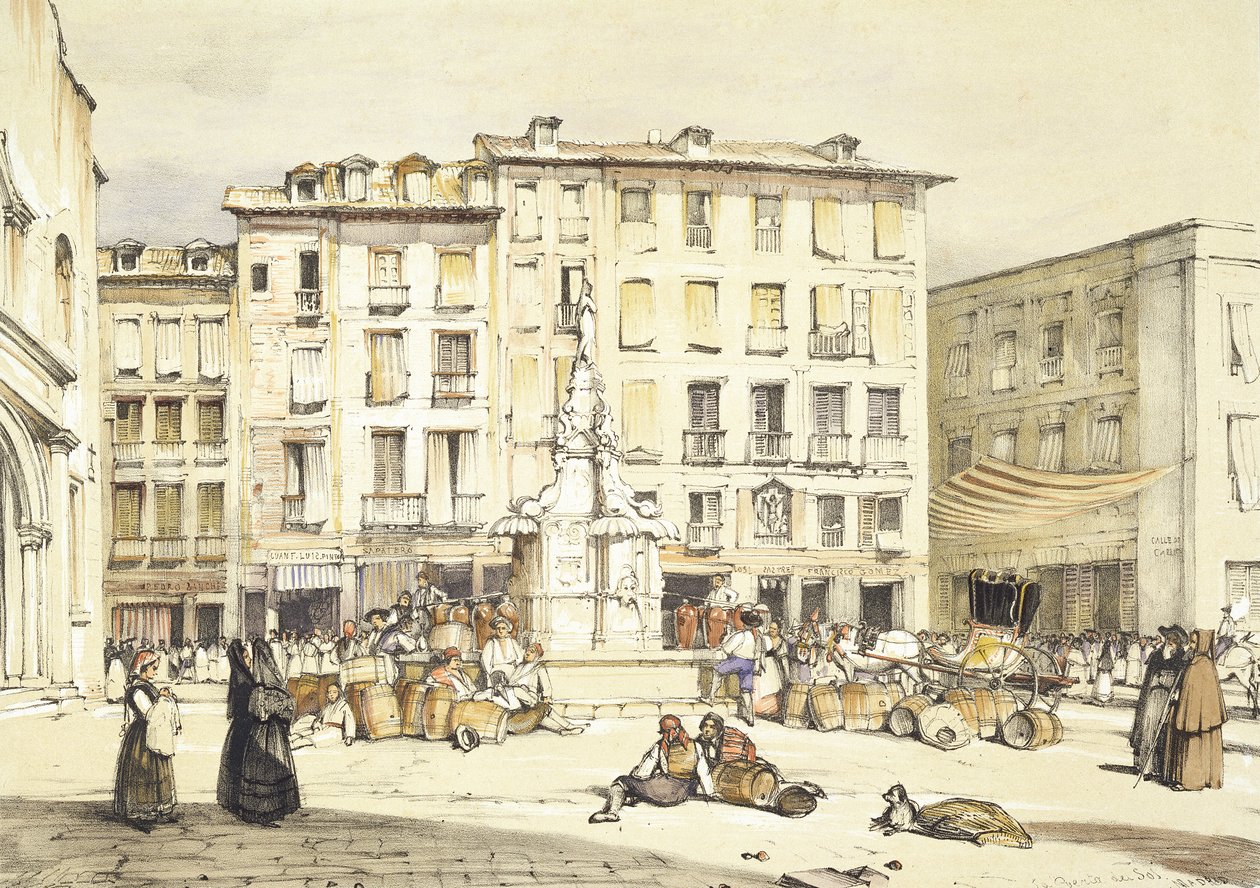 La Puerta del Sol, Madrid, z „Sketches of Spain“, vyryl Charles Joseph Hullmandel (1789-1850), vydáno 1836 od John Frederick Lewis