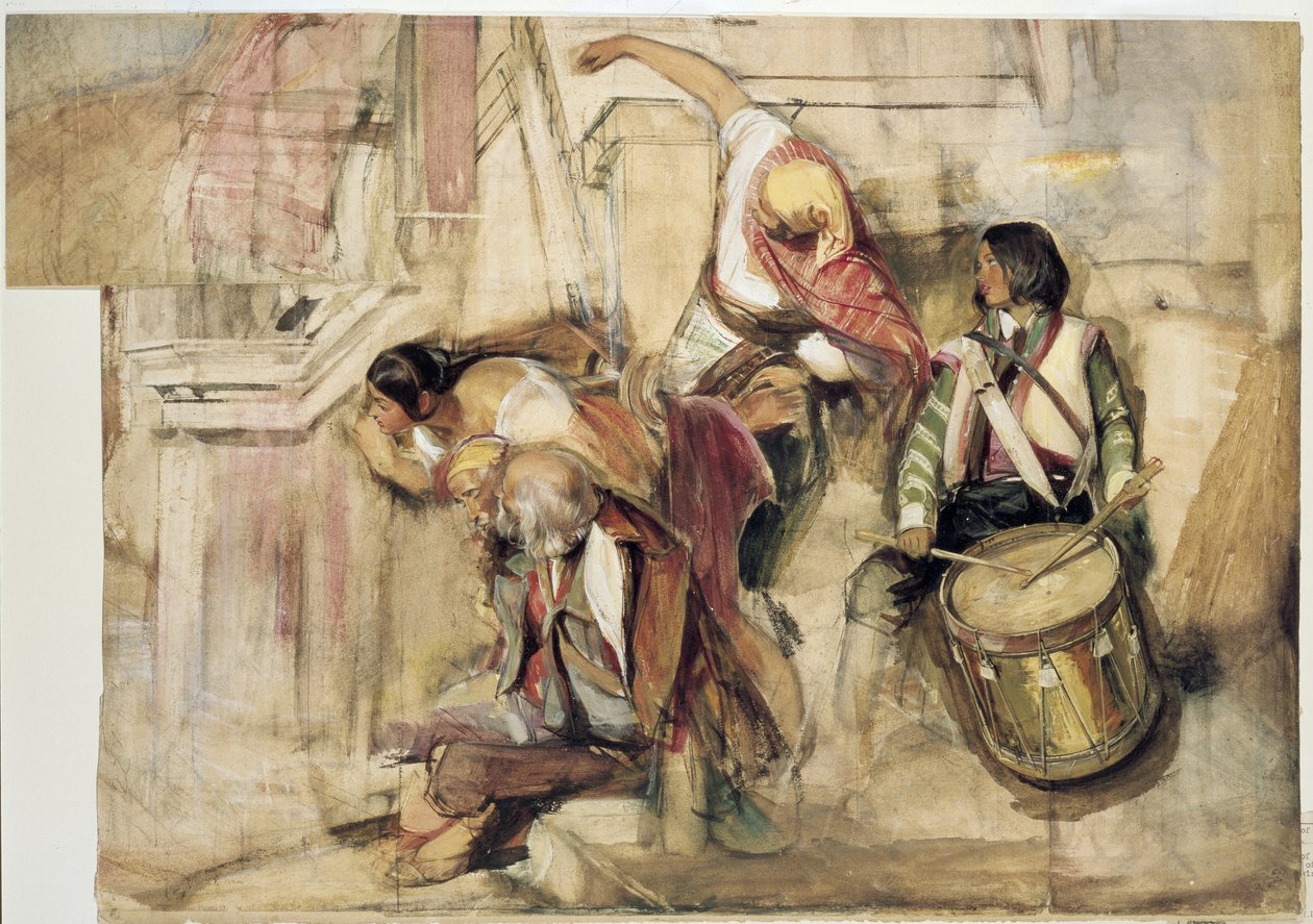 Studie k provolání Dona Carlose (akvarel a tělová barva přes grafit, na papíře s přidanými dvěma listy) od John Frederick Lewis