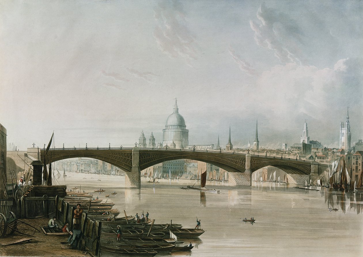Southwark Iron Bridge, při pohledu z Bankside, ryl Thomas Sutherland (nar. 1785), hospoda. 1819 od Ackermann