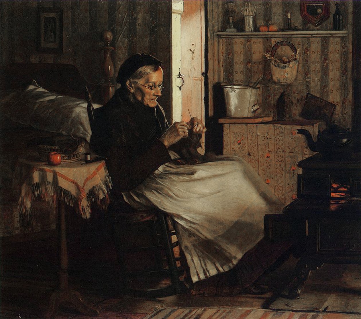 Pletení staré ženy, c.1893 od John George Brown