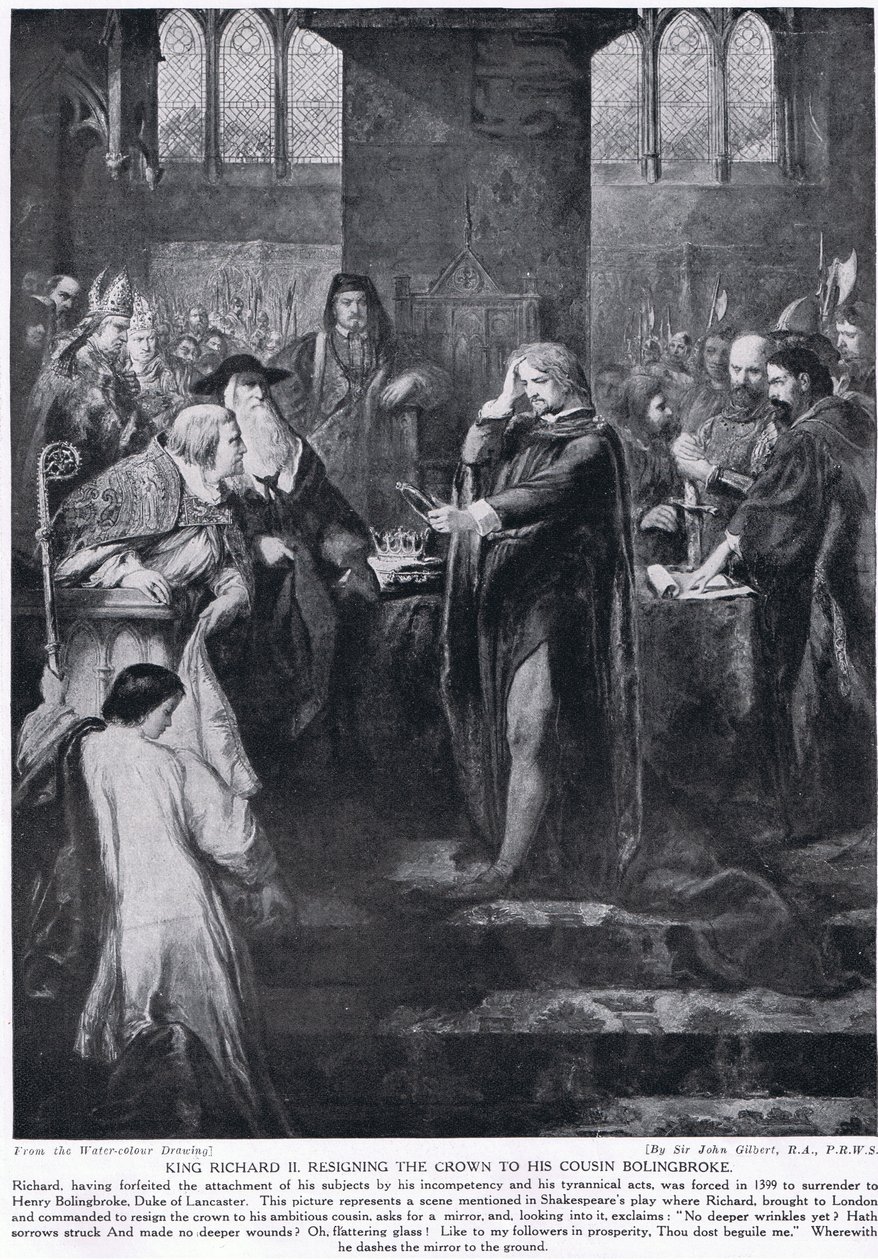 Král Richard II. rezignuje na korunu svému bratranci Bolingbrokovi, ilustrace z „Hutchinsonových dějin národů“, kolem roku 1910 od John Gilbert