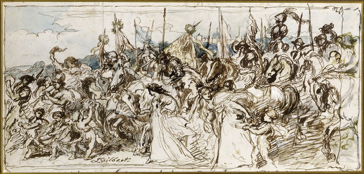 Skica k filmu "Návrat vítězů", 1879 (pero a tuš a čb) od John Gilbert