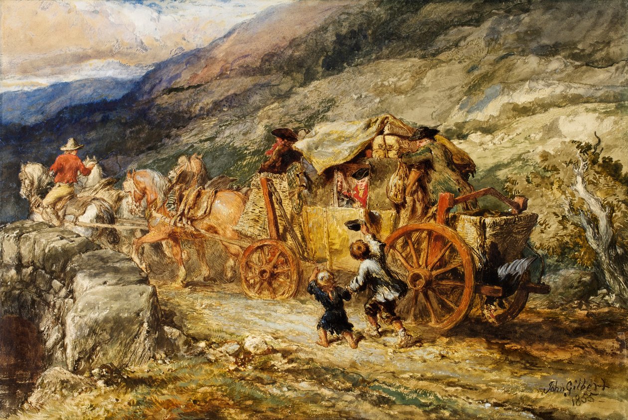 Stage Coach of the Last Century, 1855 (wc und kvaš na papíře) od John Gilbert