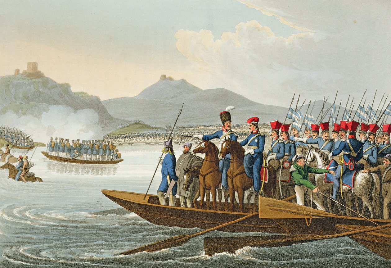 Spojenecká armáda překračuje Rýn, aby vtrhla do Francie, 1813, rytina Matthewa Dubourga (fl.1813-20) z knihy "Historic, Military and Naval Anecdotes", vyd. Edward Orme (1774-c.1820) 1816 (akvatinta) od John Heaviside Clark