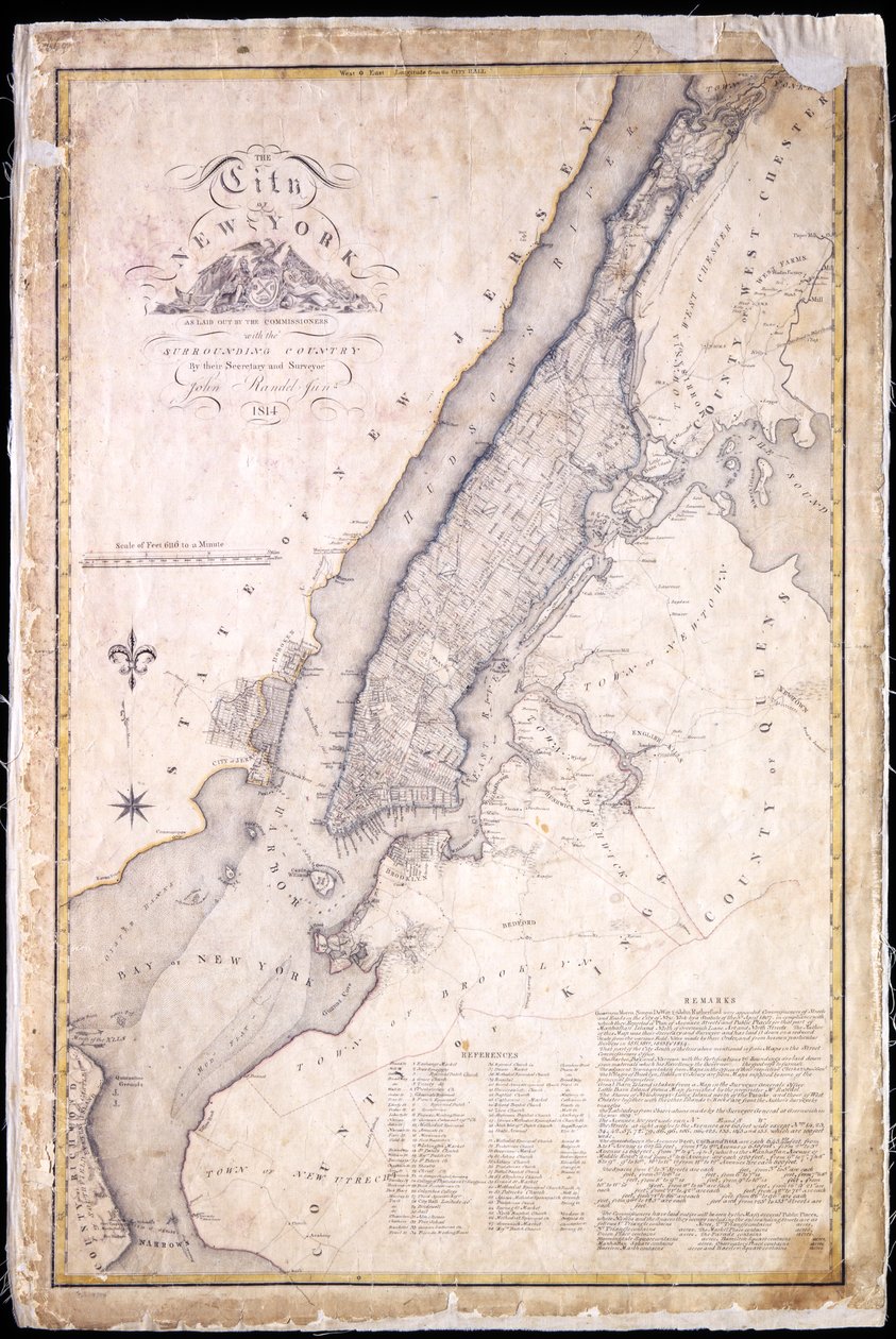 Město New York, jak jej stanovili komisaři s okolní zemí, jejich tajemník a zeměměřič John Randel, Jr., 1814, 1814 (pero a inkoust, akvarel na papíře.) od John Jr. Randel