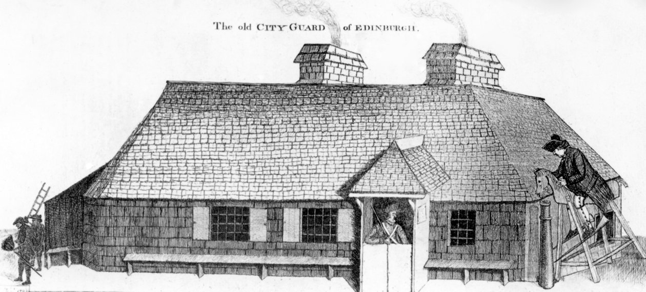 Stráž starého města Edinburghu s dřevěným koněm za potrestání vojáka, 1786 od John Kay