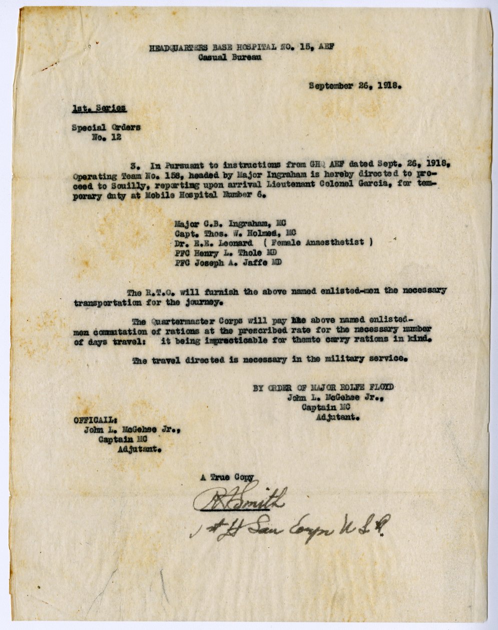 Zvláštní příkaz č. 12 Extract, ústředí Základní nemocnice č. 15, Casual Bureau, na příkaz Rolfe Floyd, 26. září 1918 od John L. McGehee
