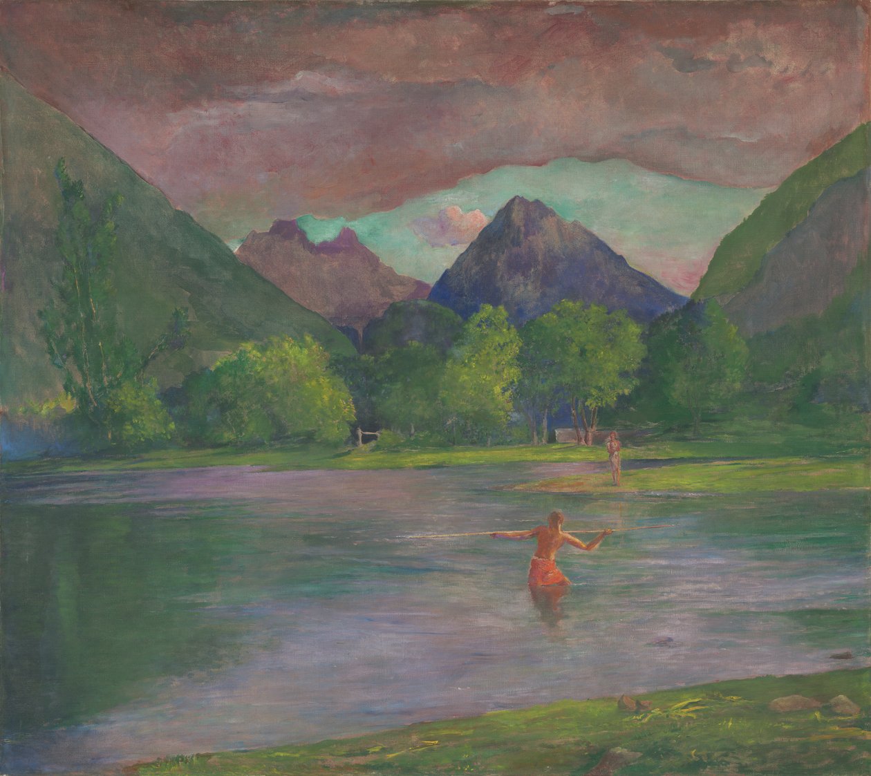 Dosvit, řeka Tautira, Tahiti, rybář oštěpující rybu, kolem roku 1895 od John La Farge or Lafarge
