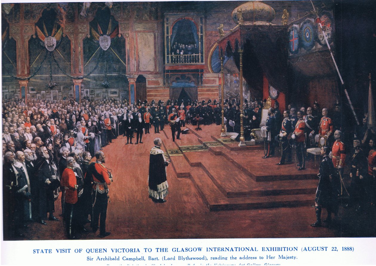 Státní návštěva královny Viktorie na mezinárodní výstavě Glasgow (22. srpna 1888), z Cassells History of the British People vydané společností Waverley Book Company Limited, kolem roku 1940 (barevné lito od John Lavery