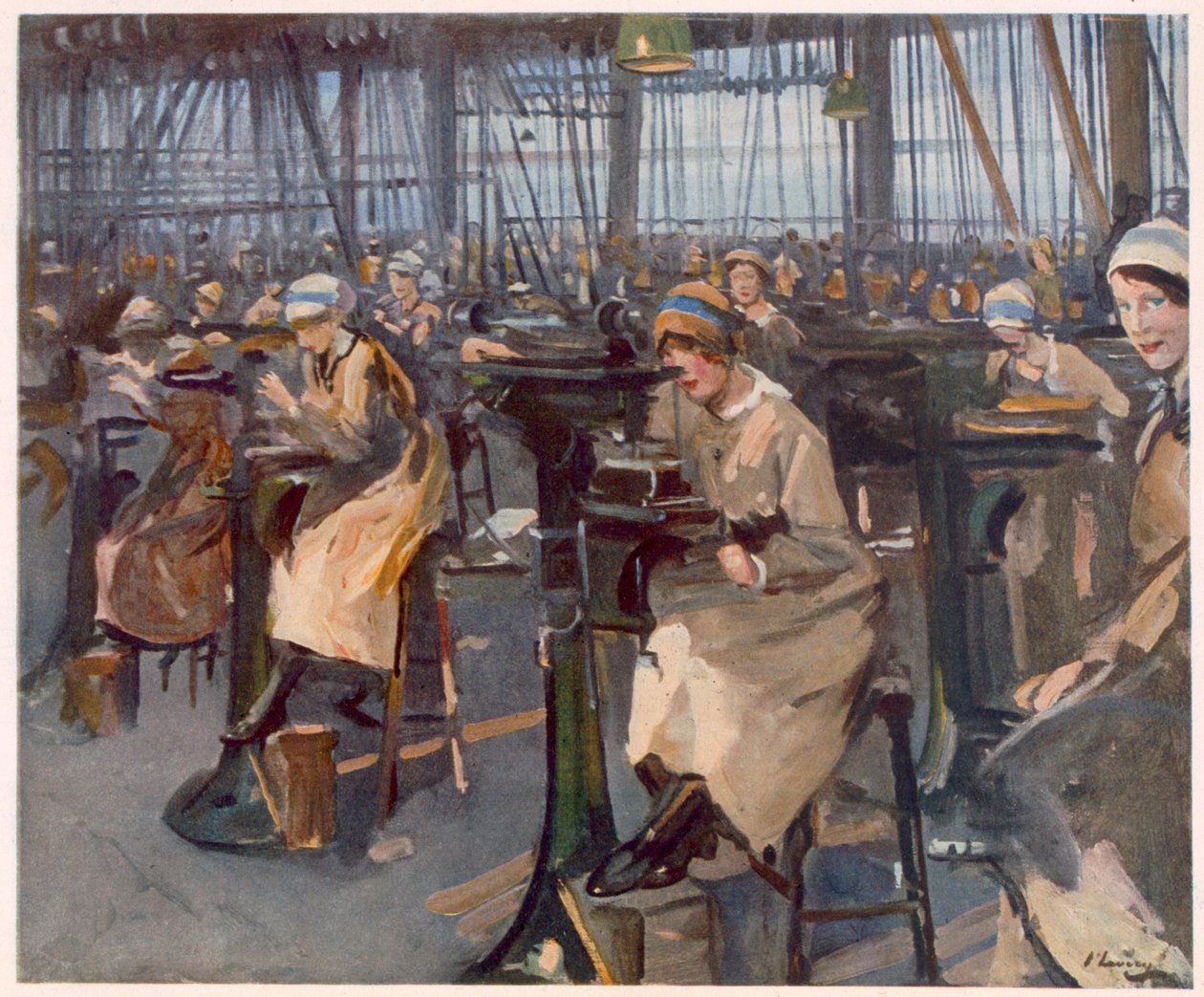Ženy pracující v továrně, Newcastle, od britských umělců na frontě, pokračování západní fronty, 1918 od John Lavery