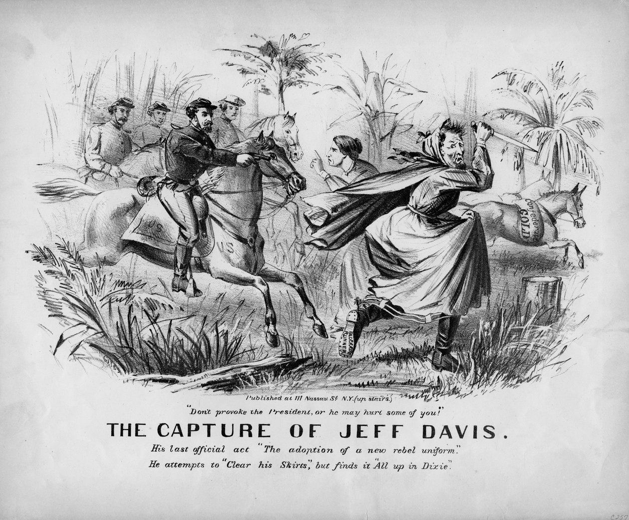 Zajetí Jeffa Davise: jeho poslední oficiální akt Adopce nové rebelské uniformy: pokouší se vyčistit si sukně, ale najde to všechno v Dixie, vydaném v New Yorku, kolem roku 1865 od John Lawrence Giles