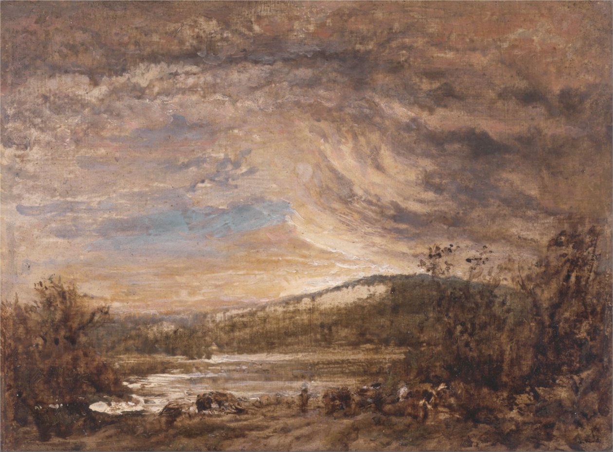 Krajina řeky, západ slunce od John Linnell