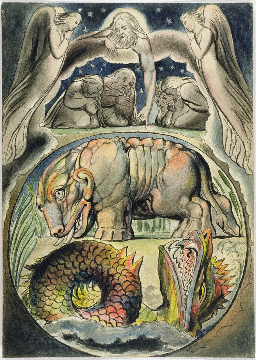 Behemoth a Leviathan, po Williamu Blakeovi (1757-1827) (pero a inkoust a wc na papíře) od John Linnell
