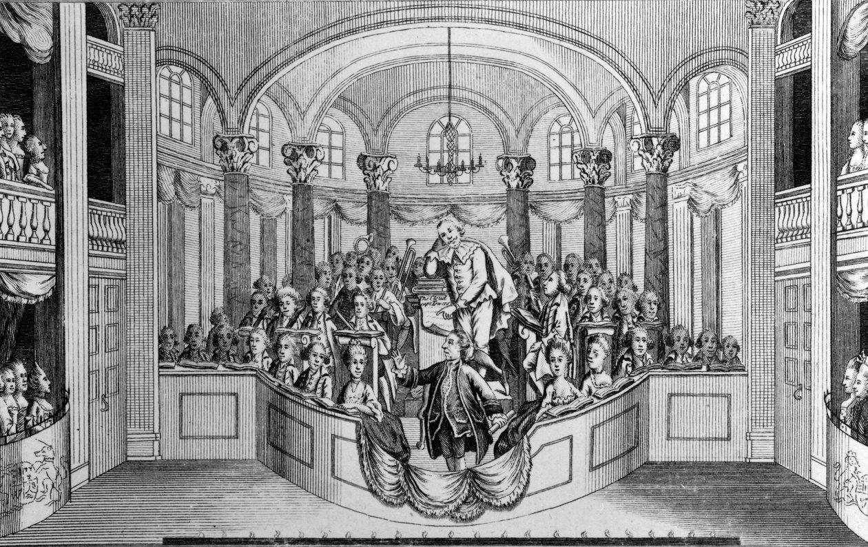 Pan Garrick přednáší svou ódu v divadle Drury Lane, o zasvěcení budovy a postavení sochy Shakespearovi, 1769 od John Lodge
