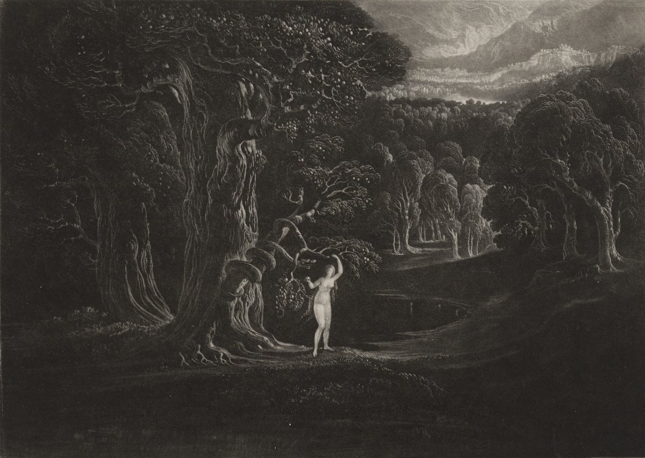 Satan pokouší Evu, asi 1827 (mezzotinta) od John Martin